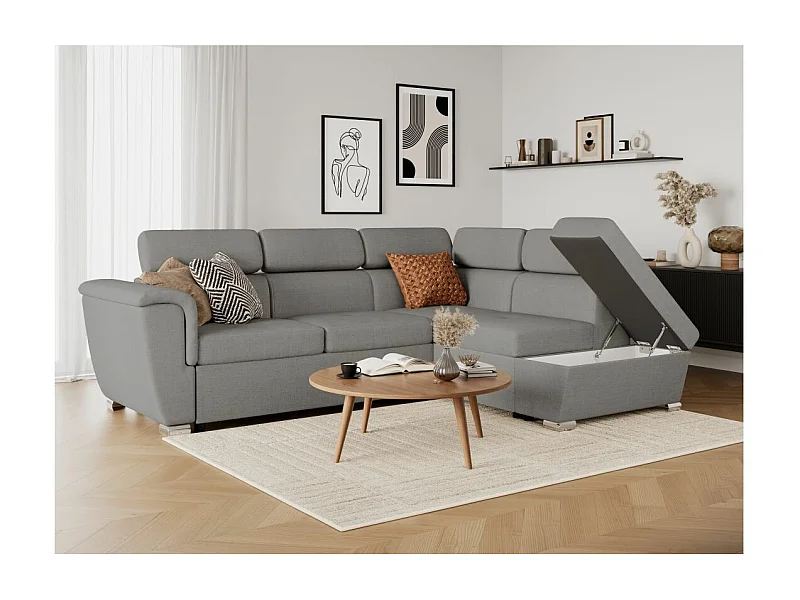 Canapé d'angle droit convertible 4 places Paola avec coffre en tissu - Gris clair - L252 x P188 x H76cm - Loungitude