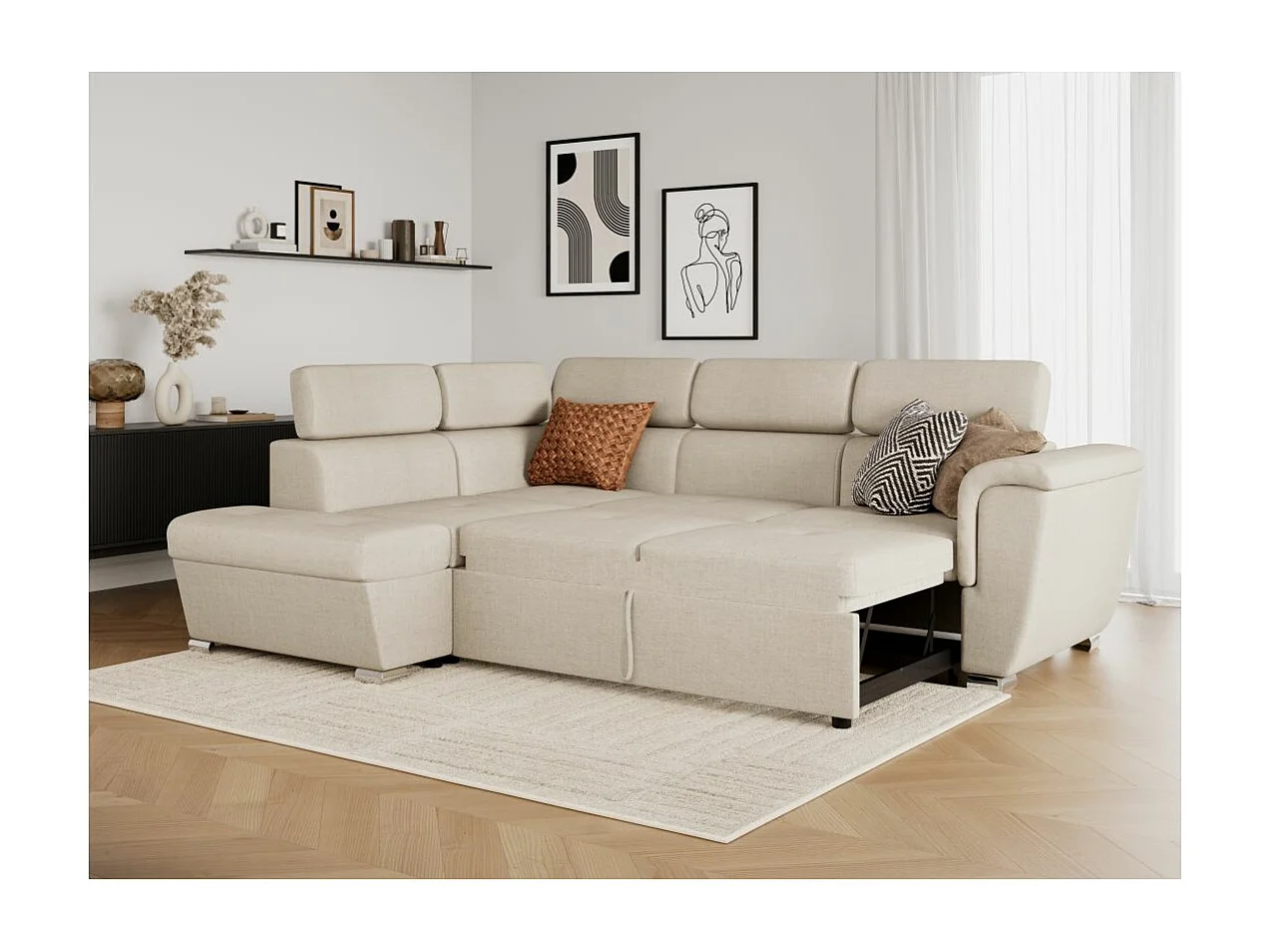 Canapé d'angle gauche convertible 4 places Paola avec coffre en tissu - Beige - L252 x P188 x H76cm - Loungitude