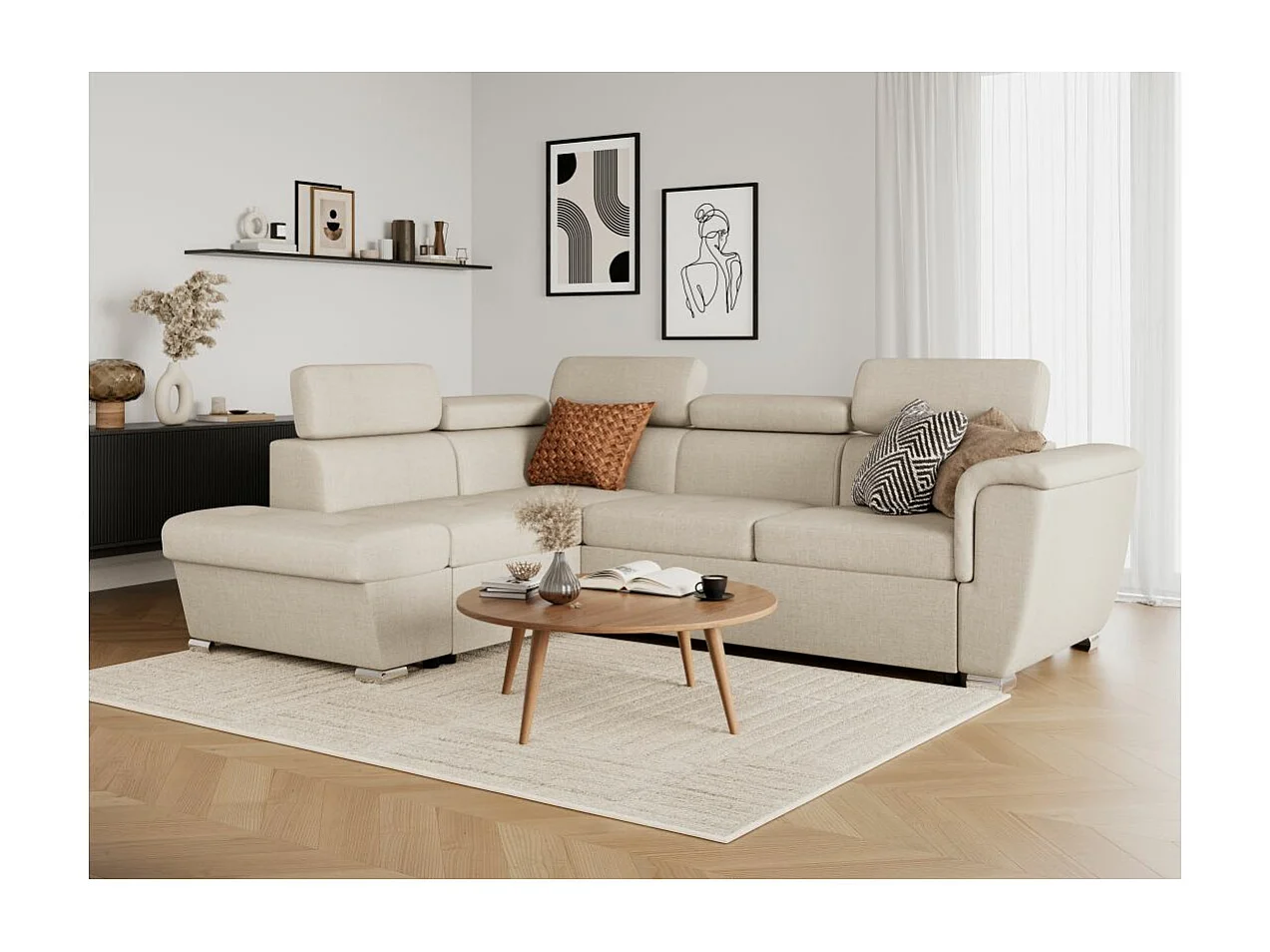 Canapé d'angle gauche convertible 4 places Paola avec coffre en tissu - Beige - L252 x P188 x H76cm - Loungitude