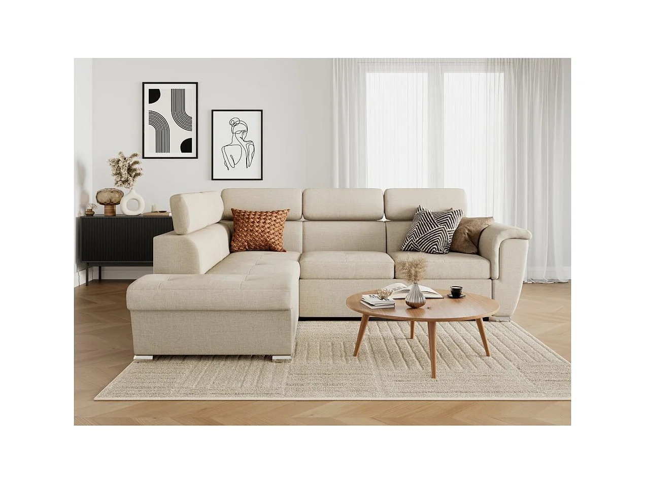 Canapé d'angle gauche convertible 4 places Paola avec coffre en tissu - Beige - L252 x P188 x H76cm - Loungitude