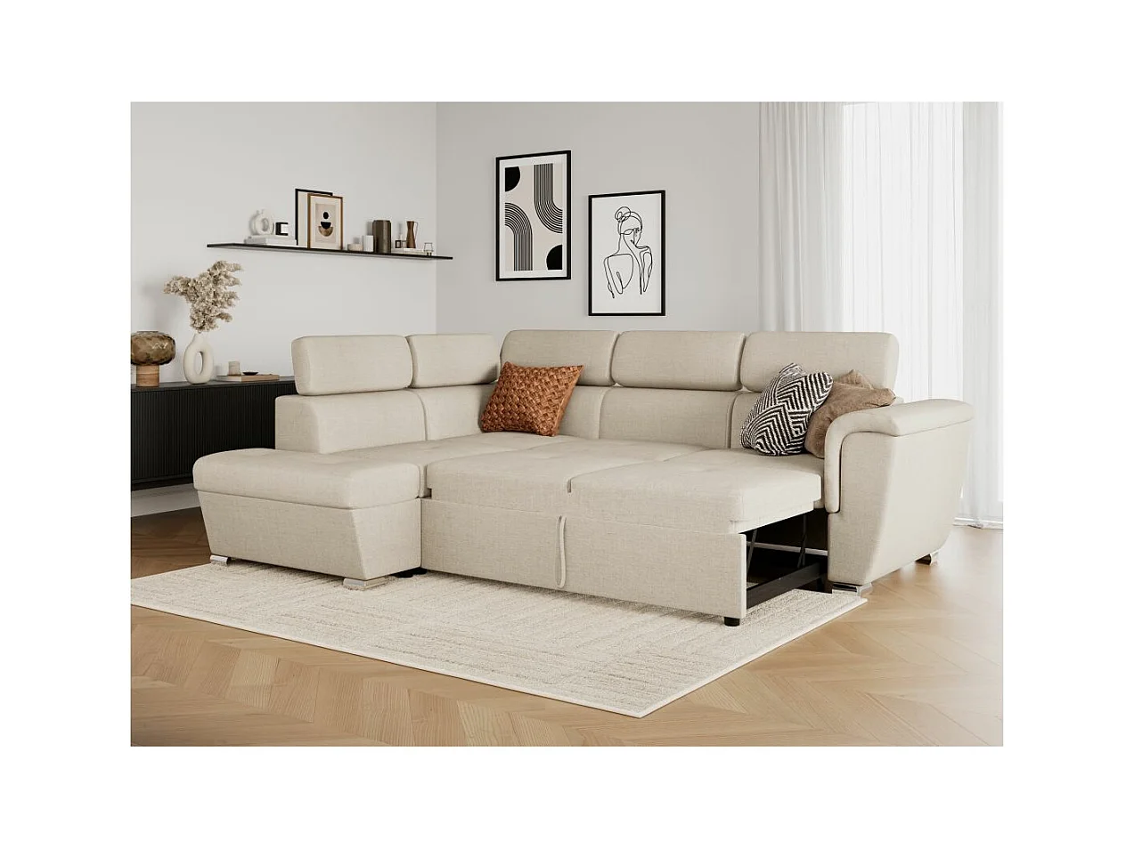 Canapé d'angle gauche convertible 4 places Paola avec coffre en tissu - Beige - L252 x P188 x H76cm - Loungitude