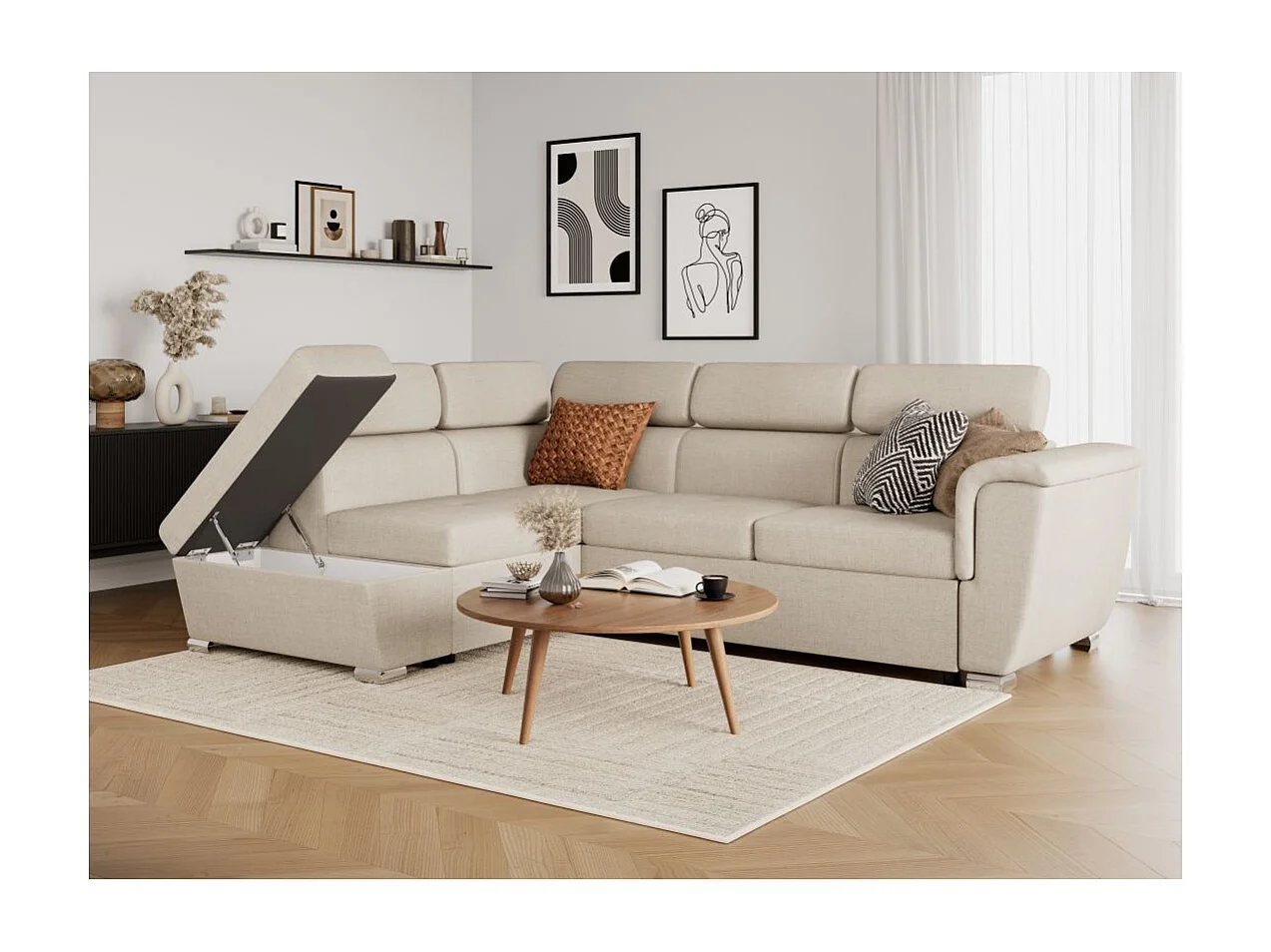 Canapé d'angle gauche convertible 4 places Paola avec coffre en tissu - Beige - L252 x P188 x H76cm - Loungitude