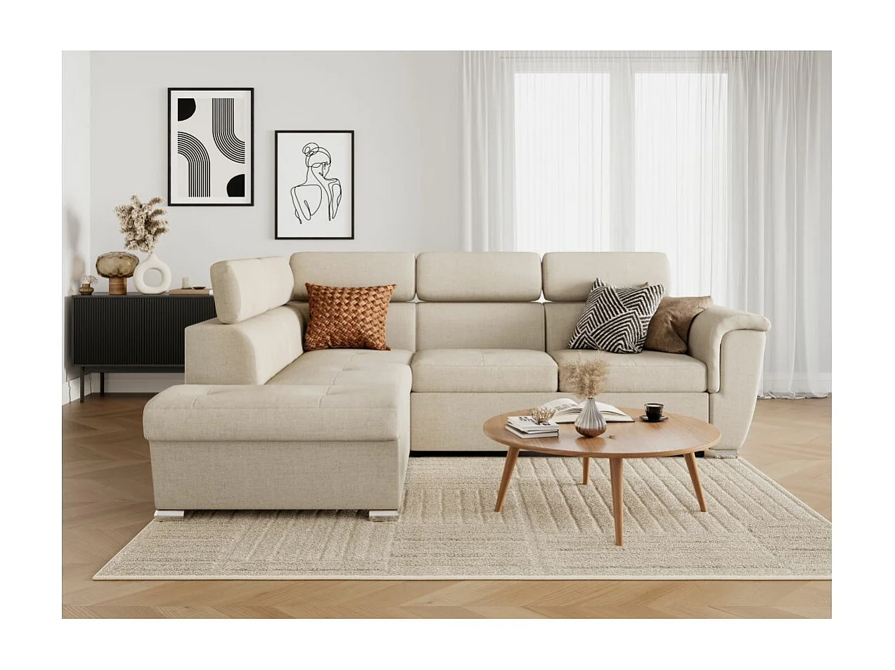 Canapé d'angle gauche convertible 4 places Paola avec coffre en tissu - Beige - L252 x P188 x H76cm - Loungitude