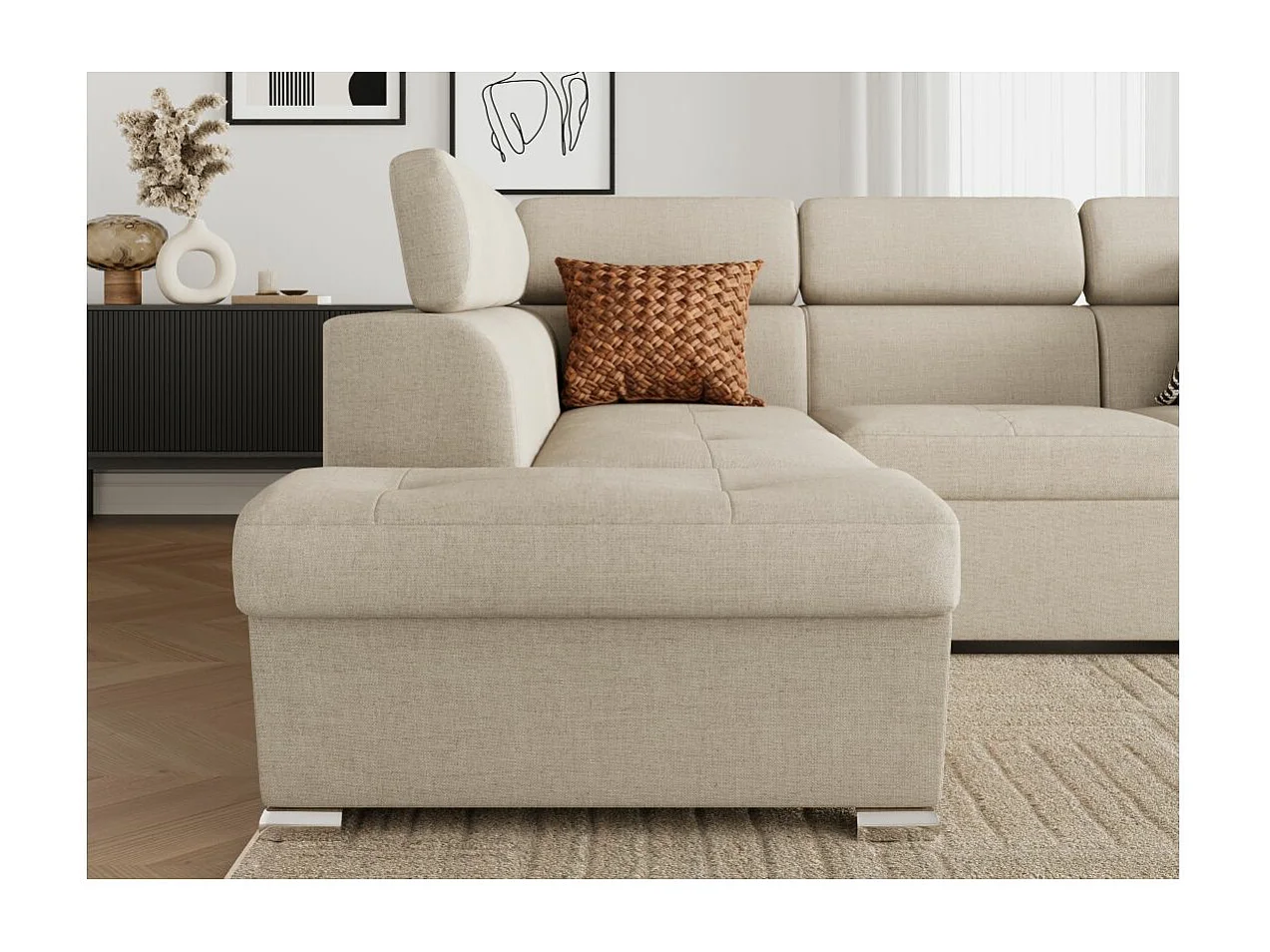 Canapé d'angle gauche convertible 4 places Paola avec coffre en tissu - Beige - L252 x P188 x H76cm - Loungitude