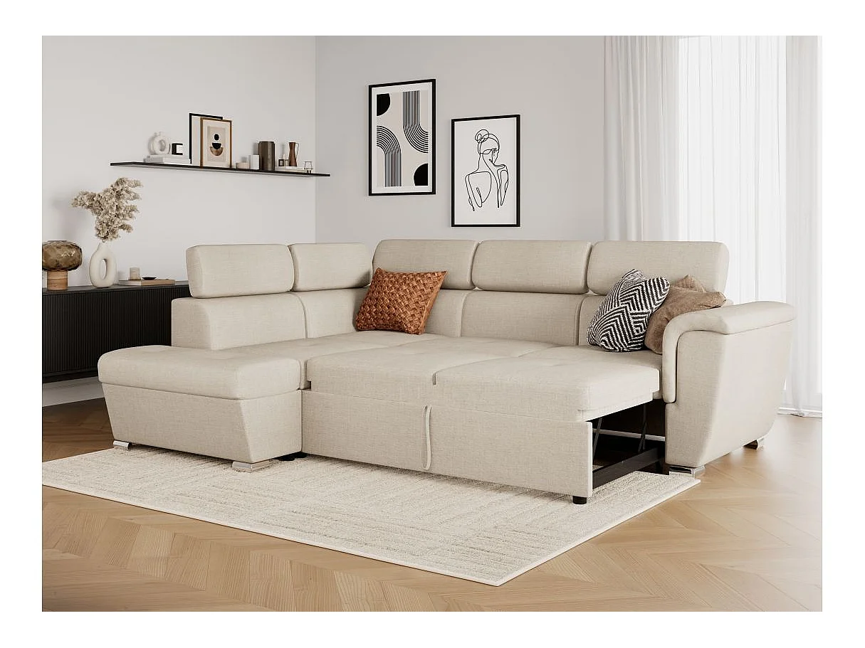 Canapé d'angle gauche convertible 4 places Paola avec coffre en tissu - Beige - L252 x P188 x H76cm - Loungitude