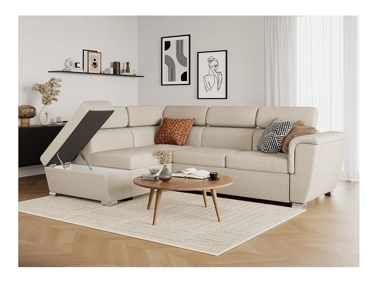 Canapé d'angle gauche convertible 4 places Paola avec coffre en tissu - Beige - L252 x P188 x H76cm - Loungitude