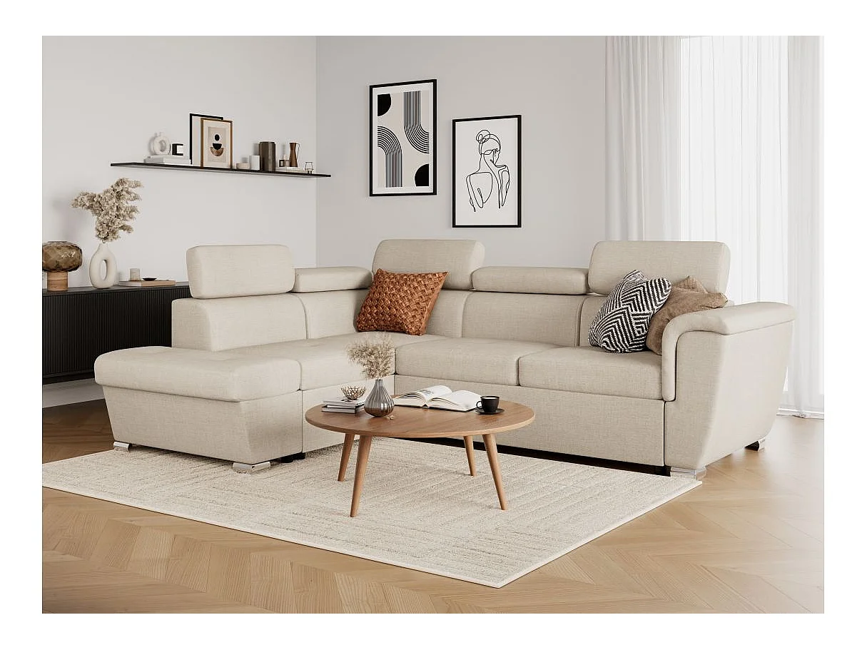 Canapé d'angle gauche convertible 4 places Paola avec coffre en tissu - Beige - L252 x P188 x H76cm - Loungitude