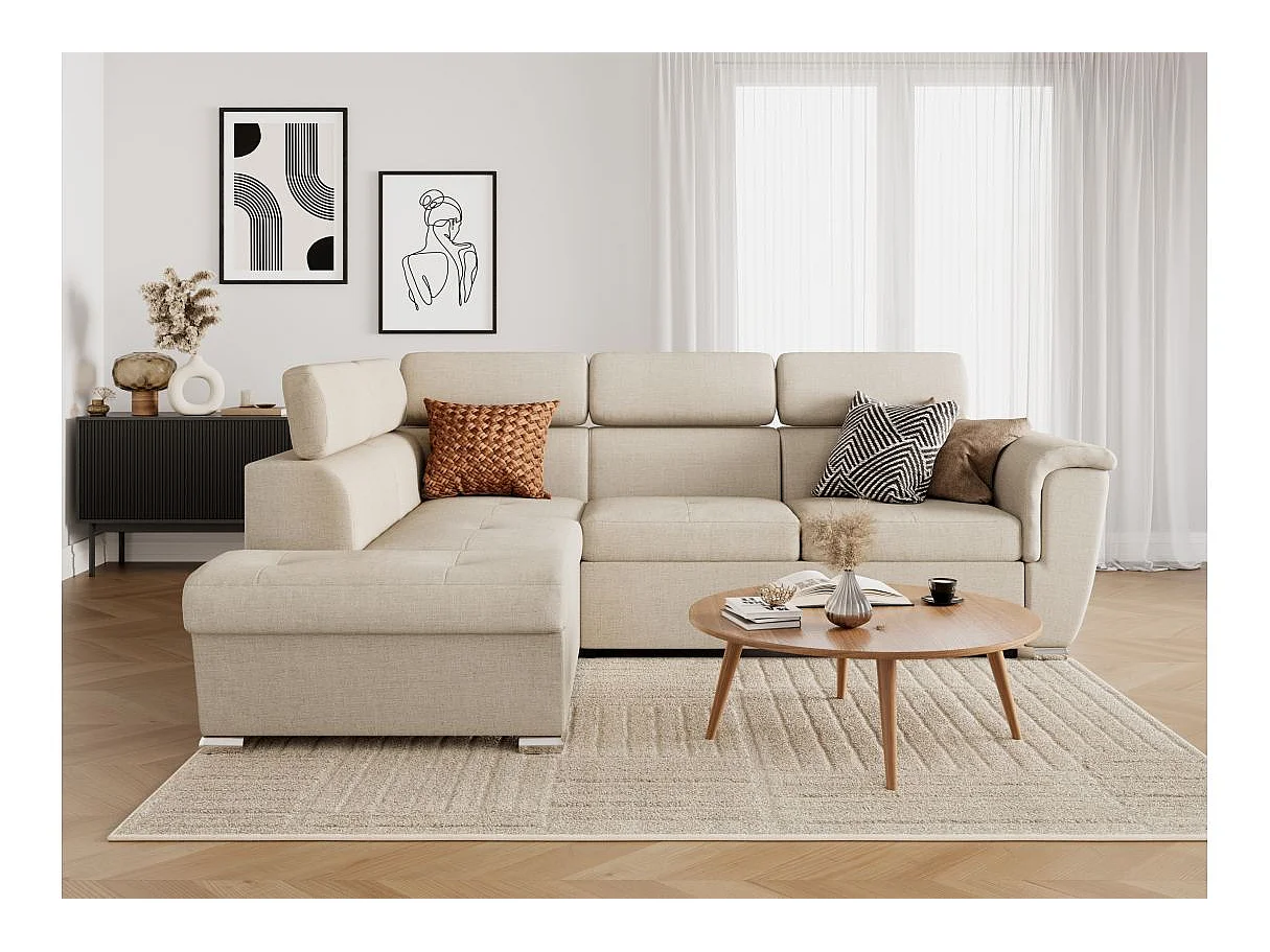 Canapé d'angle gauche convertible 4 places Paola avec coffre en tissu - Beige - L252 x P188 x H76cm - Loungitude