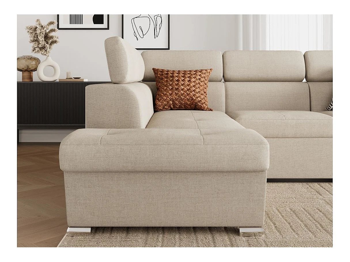 Canapé d'angle gauche convertible 4 places Paola avec coffre en tissu - Beige - L252 x P188 x H76cm - Loungitude