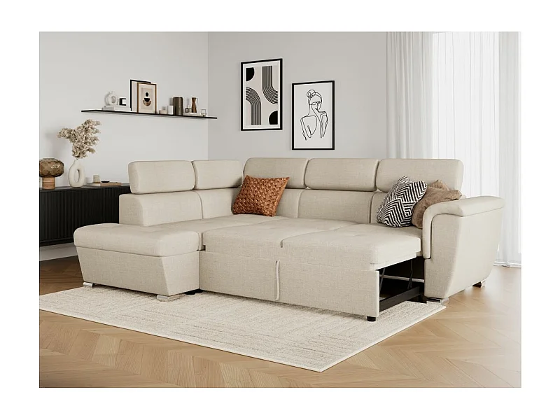 Canapé d'angle gauche convertible 4 places Paola avec coffre en tissu - Beige - L252 x P188 x H76cm - Loungitude