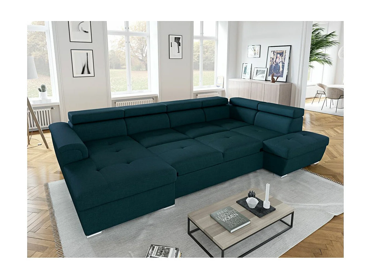 Canapé panoramique convertible avec 2 coffres Paola en tissu - Bleu - L320,5 x P188 x H76cm - Loungitude
