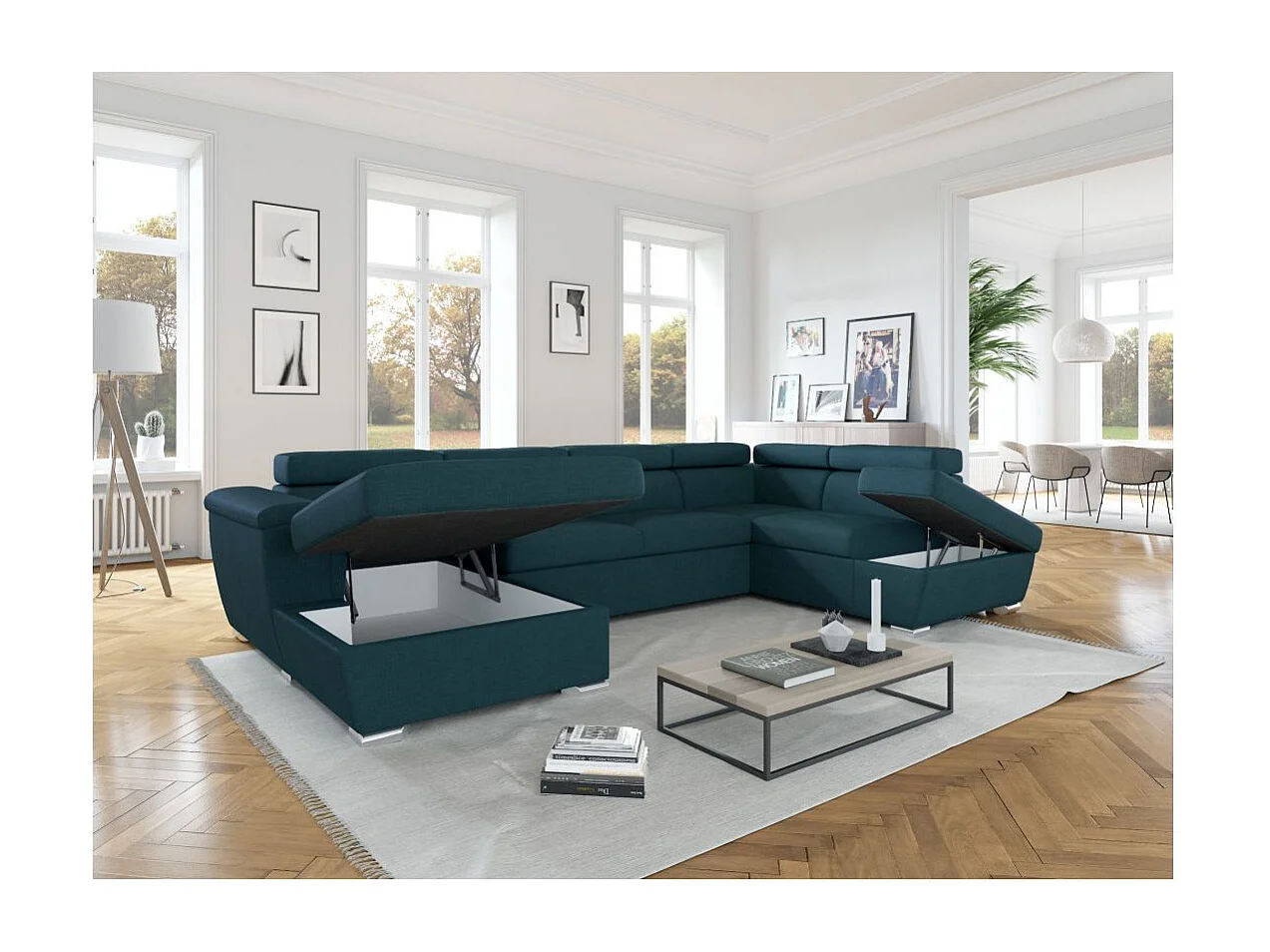 Canapé panoramique convertible avec 2 coffres Paola en tissu - Bleu - L320,5 x P188 x H76cm - Loungitude