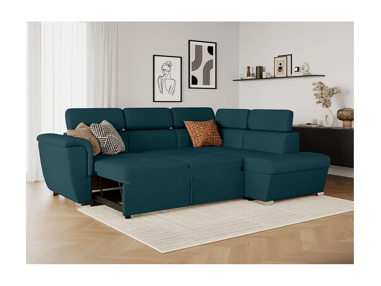 Canapé d'angle droit convertible 4 places Paola avec coffre en tissu - Bleu pétrole - L252 x P188 x H76cm - Loungitude