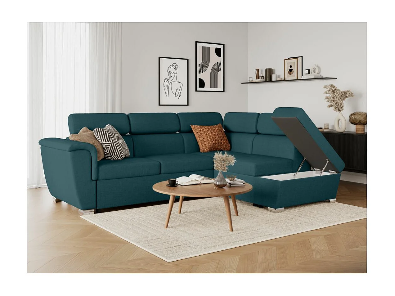 Canapé d'angle droit convertible 4 places Paola avec coffre en tissu - Bleu pétrole - L252 x P188 x H76cm - Loungitude