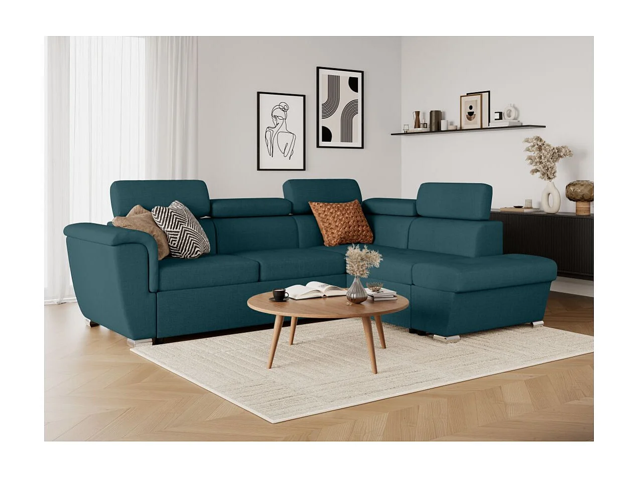 Canapé d'angle droit convertible 4 places Paola avec coffre en tissu - Bleu pétrole - L252 x P188 x H76cm - Loungitude