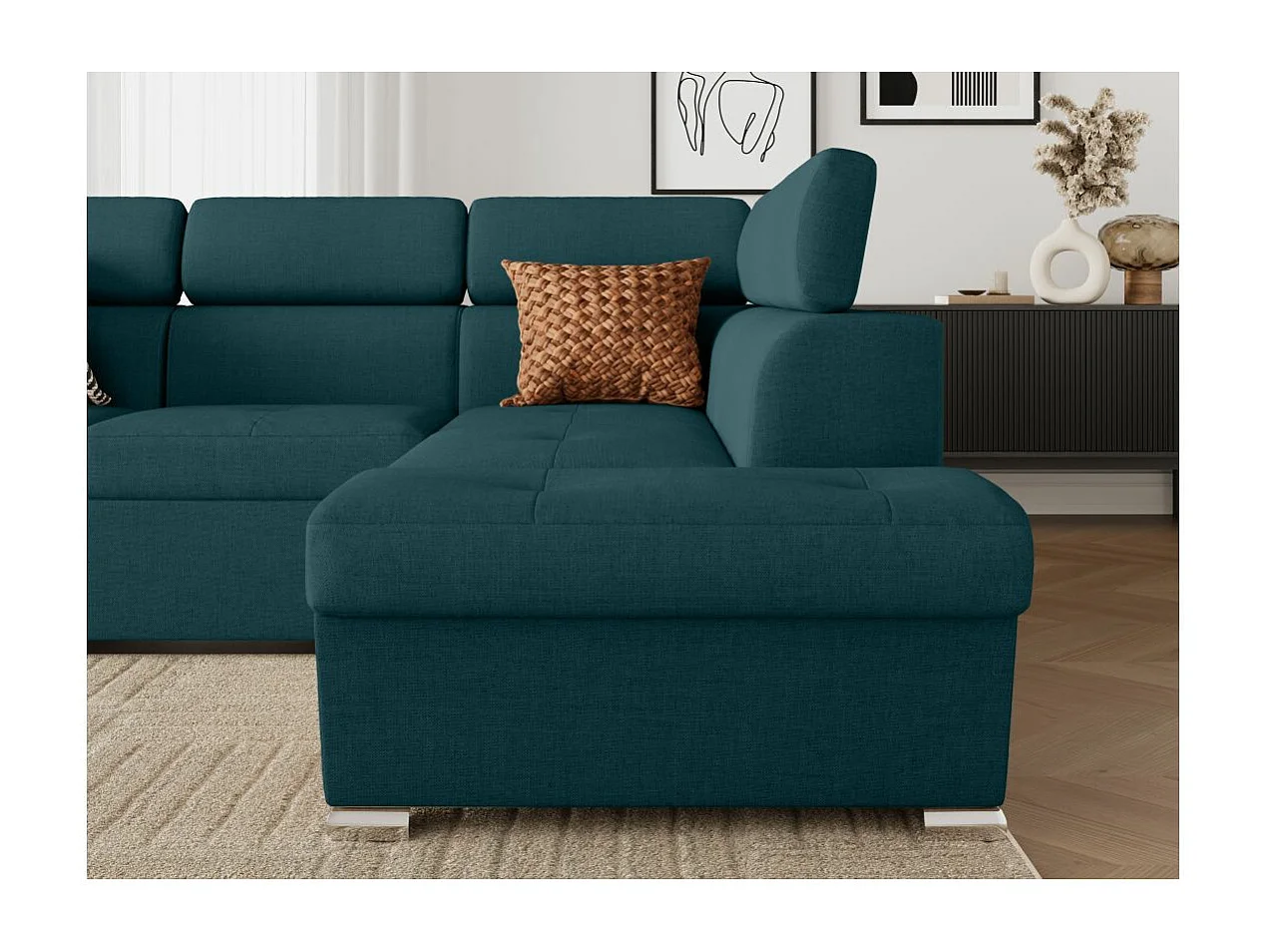 Canapé d'angle droit convertible 4 places Paola avec coffre en tissu - Bleu pétrole - L252 x P188 x H76cm - Loungitude