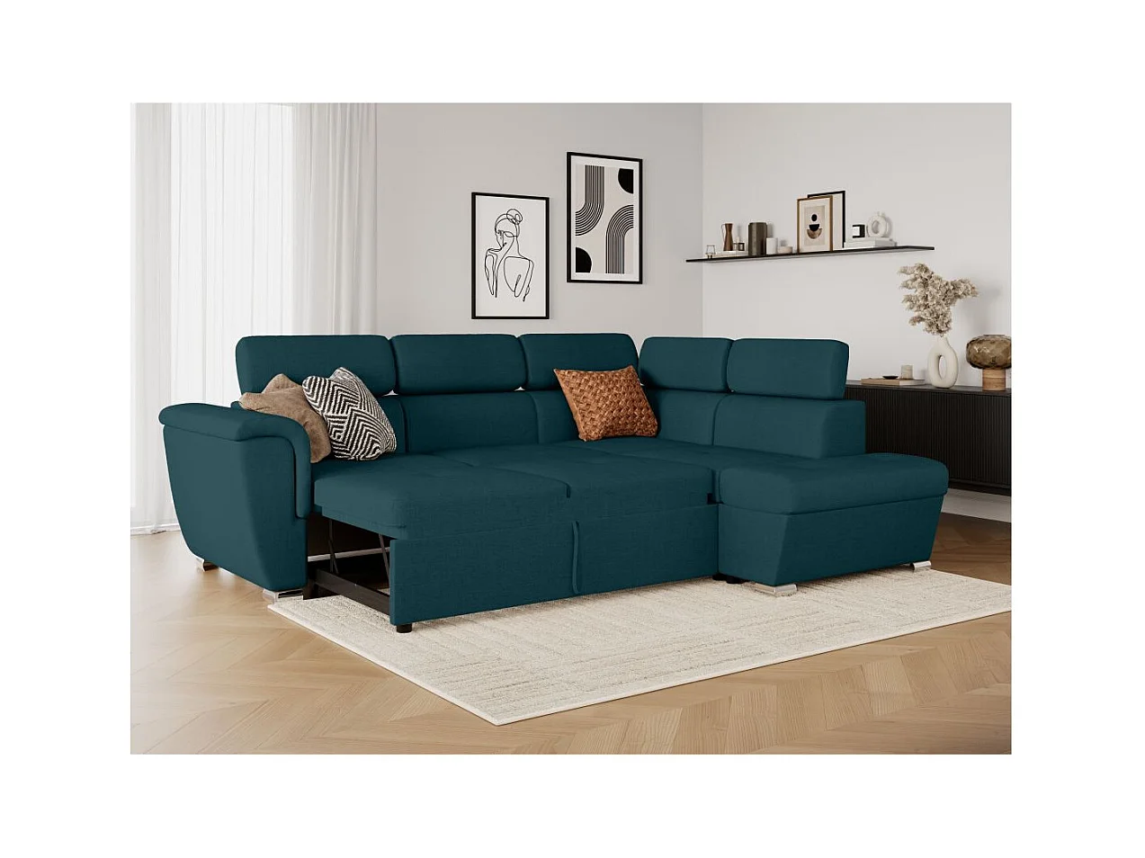 Canapé d'angle droit convertible 4 places Paola avec coffre en tissu - Bleu pétrole - L252 x P188 x H76cm - Loungitude