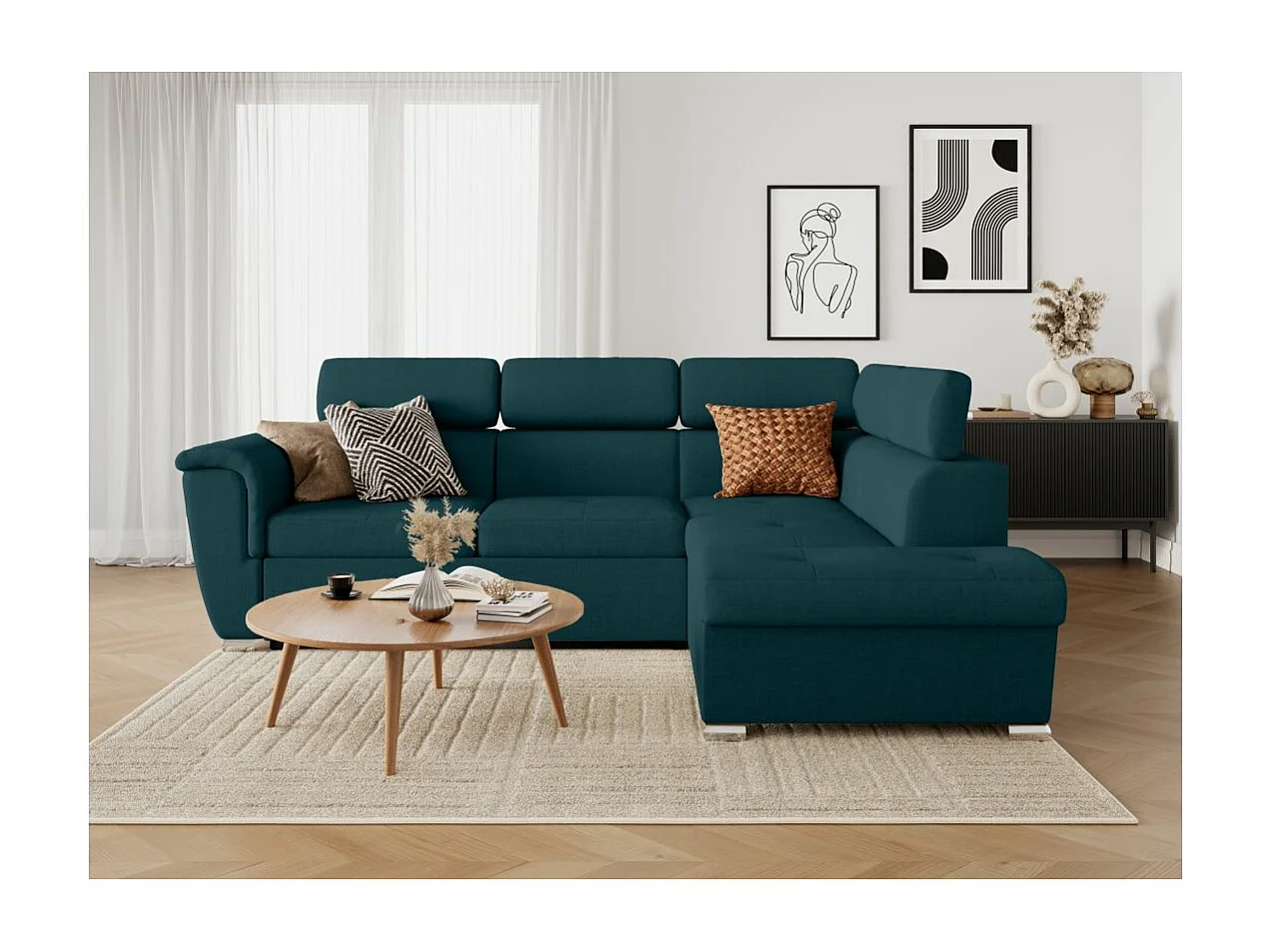 Canapé d'angle droit convertible 4 places Paola avec coffre en tissu - Bleu pétrole - L252 x P188 x H76cm - Loungitude