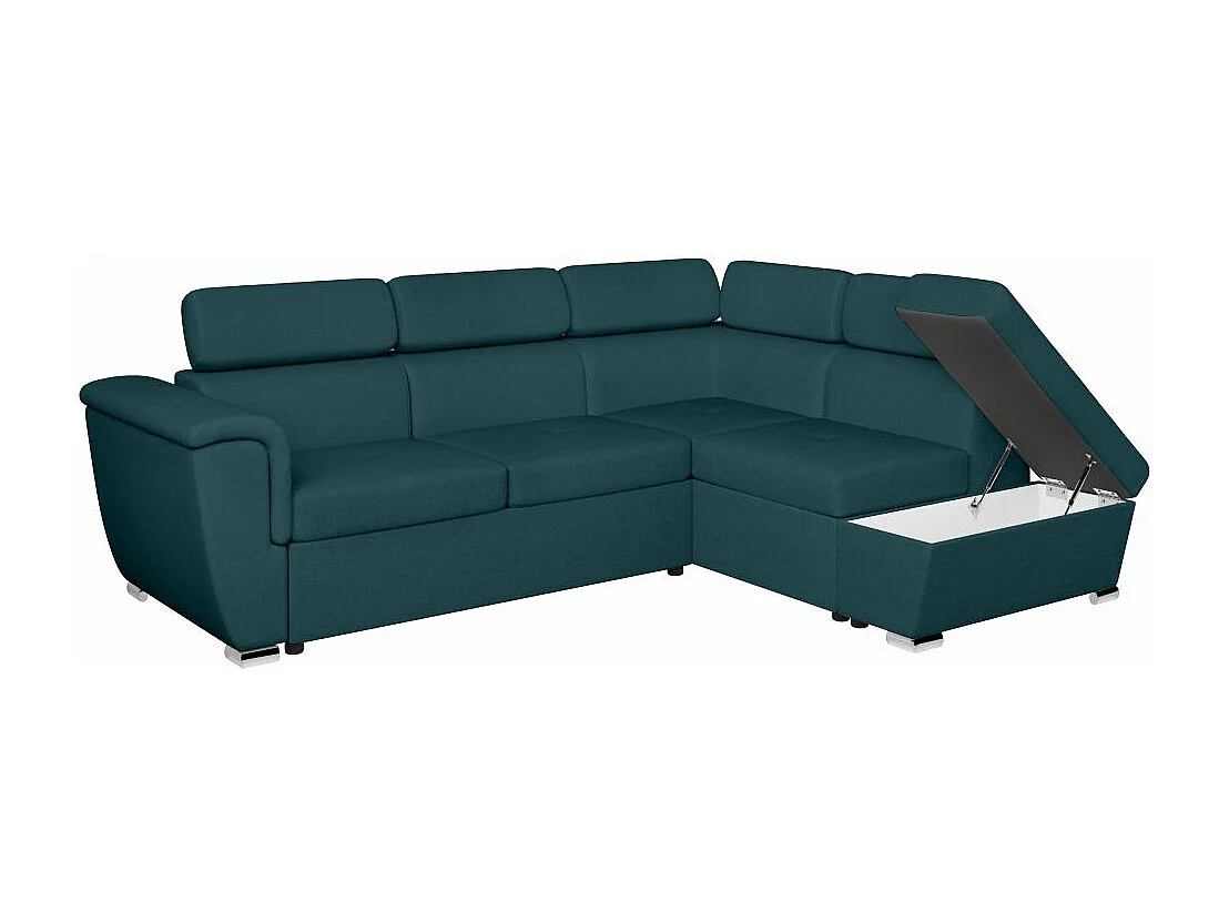 Canapé d'angle droit convertible 4 places Paola avec coffre en tissu - Bleu pétrole - L252 x P188 x H76cm - Loungitude