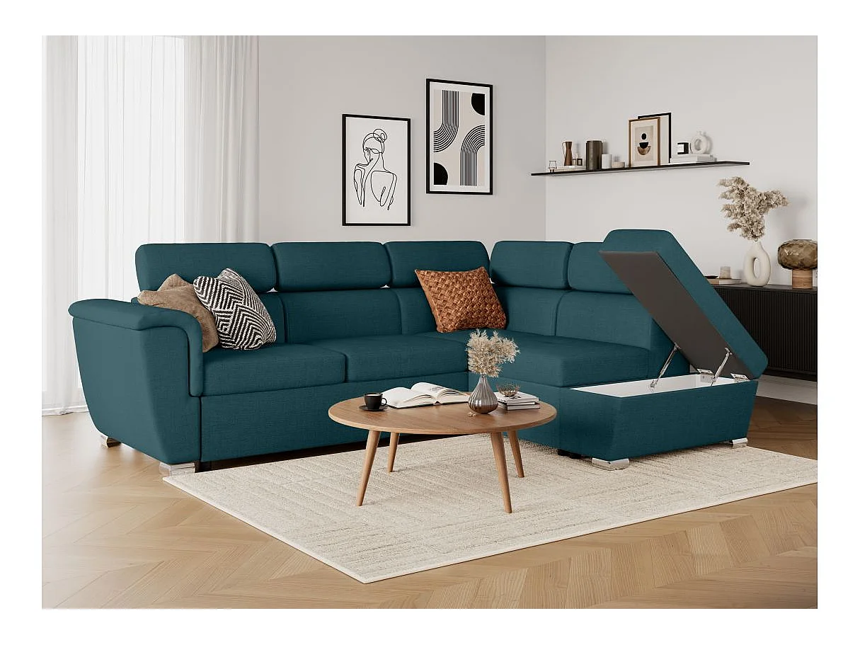 Canapé d'angle convertible 4 places avec coffre en tissu bleu canard
