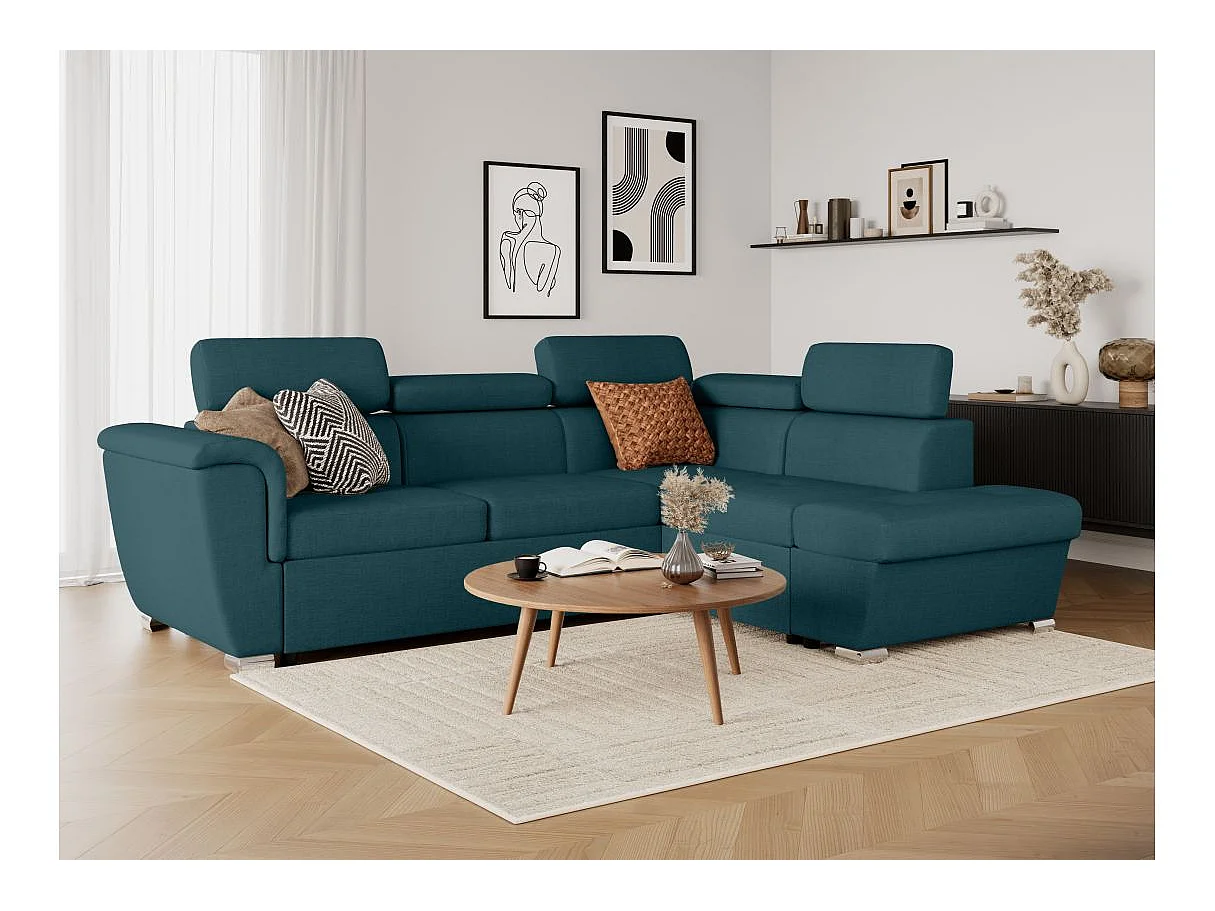 Canapé d'angle convertible 4 places avec coffre en tissu bleu canard