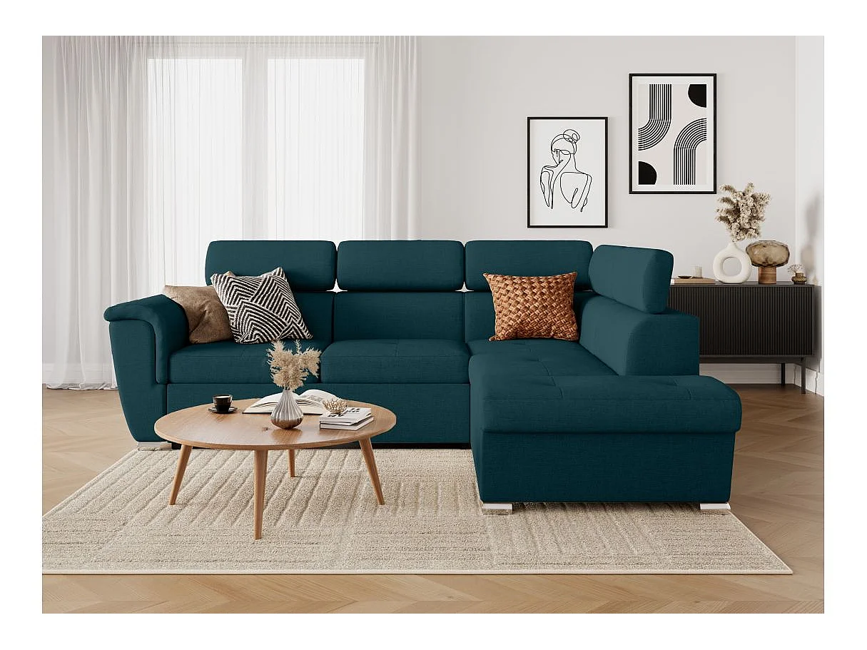 Canapé d'angle convertible 4 places avec coffre en tissu bleu canard