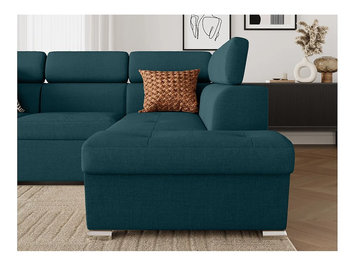 Canapé d'angle convertible 4 places avec coffre en tissu bleu canard