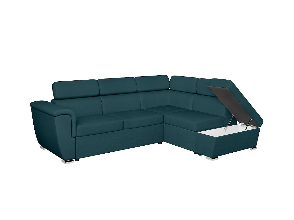 Canapé d'angle convertible 4 places avec coffre en tissu bleu canard