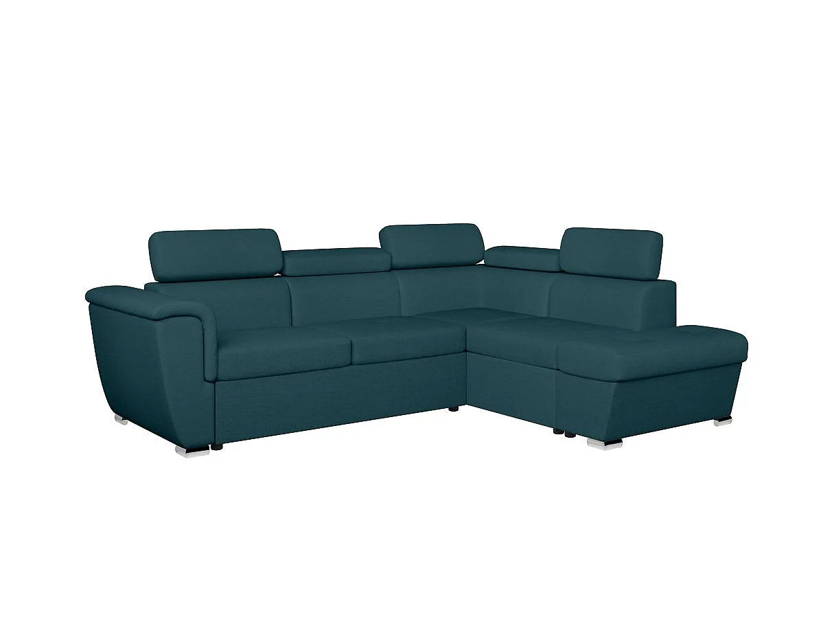 Canapé d'angle convertible 4 places avec coffre en tissu bleu canard