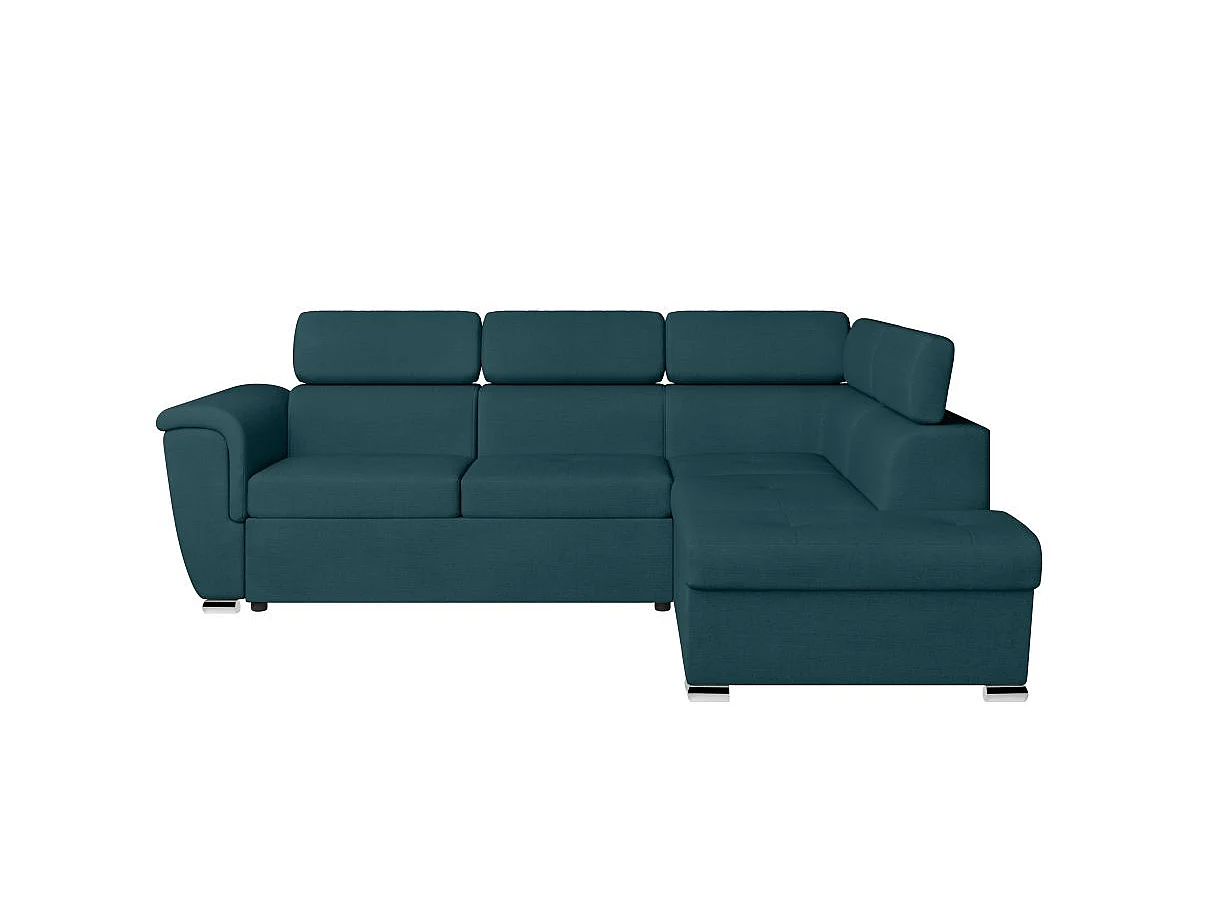 Canapé d'angle convertible 4 places avec coffre en tissu bleu canard
