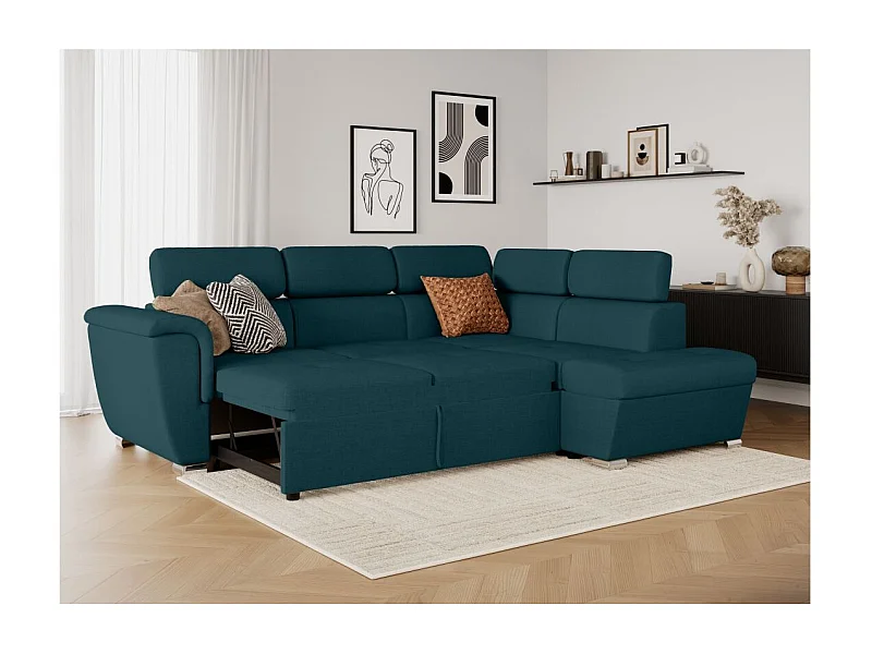 Canapé d'angle droit convertible 4 places Paola avec coffre en tissu - Bleu pétrole - L252 x P188 x H76cm - Loungitude