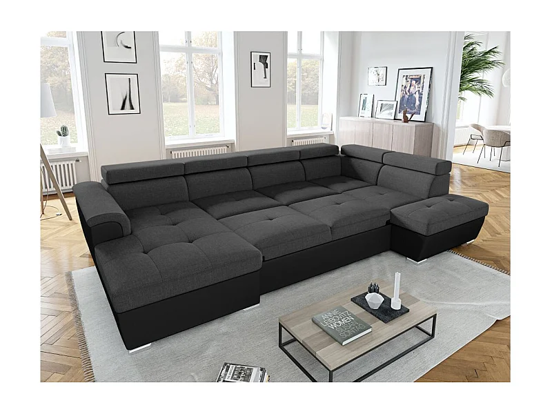 Canapé panoramique convertible avec 2 coffres Paola en tissu et simili - Gris/Noir - L320,5 x P188 x H76cm - Loungitude