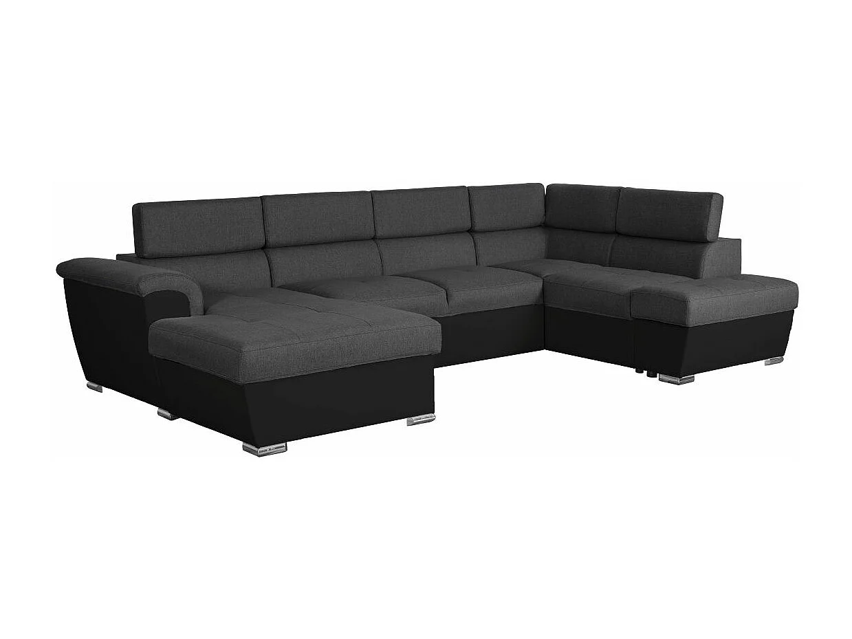 Canapé panoramique convertible avec 2 coffres Paola en tissu et simili - Gris/Noir - L320,5 x P188 x H76cm - Loungitude