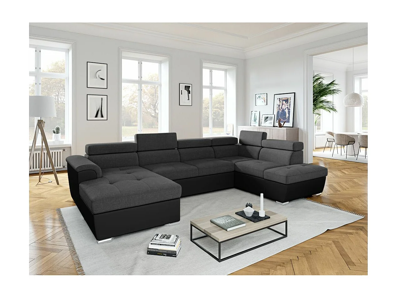 Canapé panoramique convertible avec 2 coffres Paola en tissu et simili - Gris/Noir - L320,5 x P188 x H76cm - Loungitude