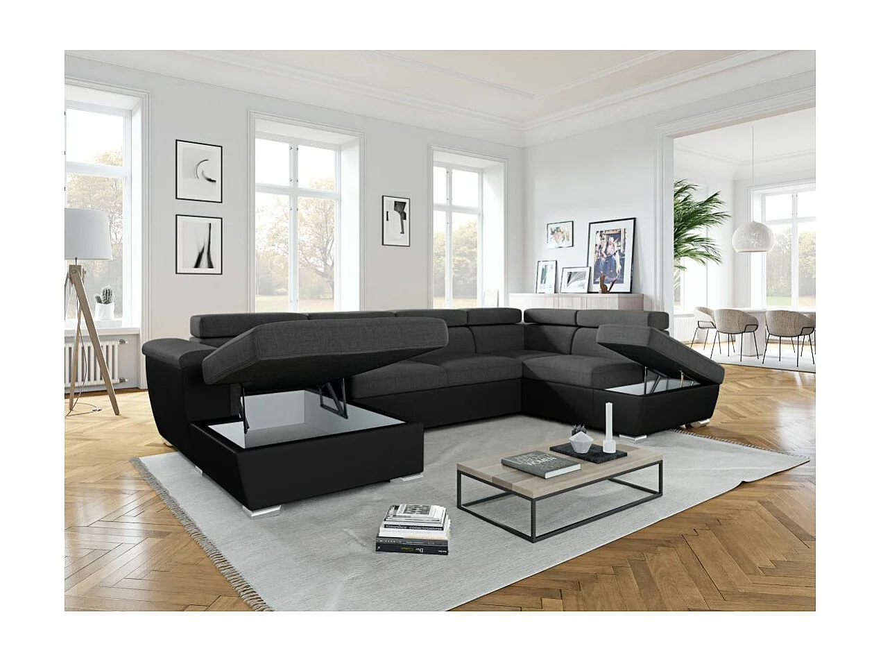 Canapé panoramique convertible avec 2 coffres Paola en tissu et simili - Gris/Noir - L320,5 x P188 x H76cm - Loungitude