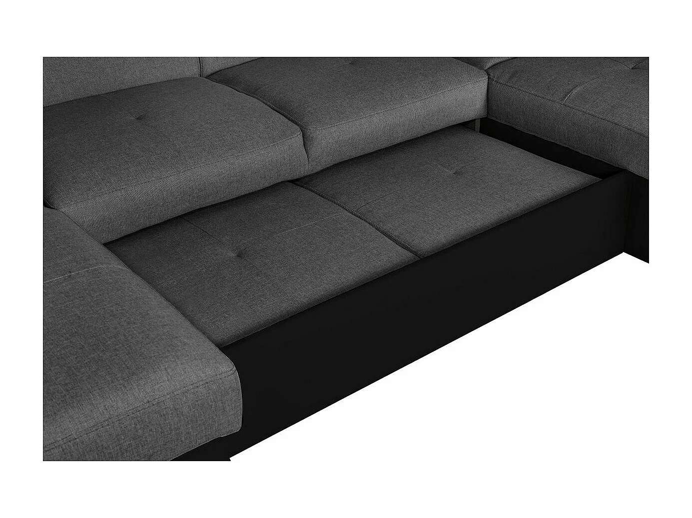 Canapé panoramique convertible avec 2 coffres Paola en tissu et simili - Gris/Noir - L320,5 x P188 x H76cm - Loungitude