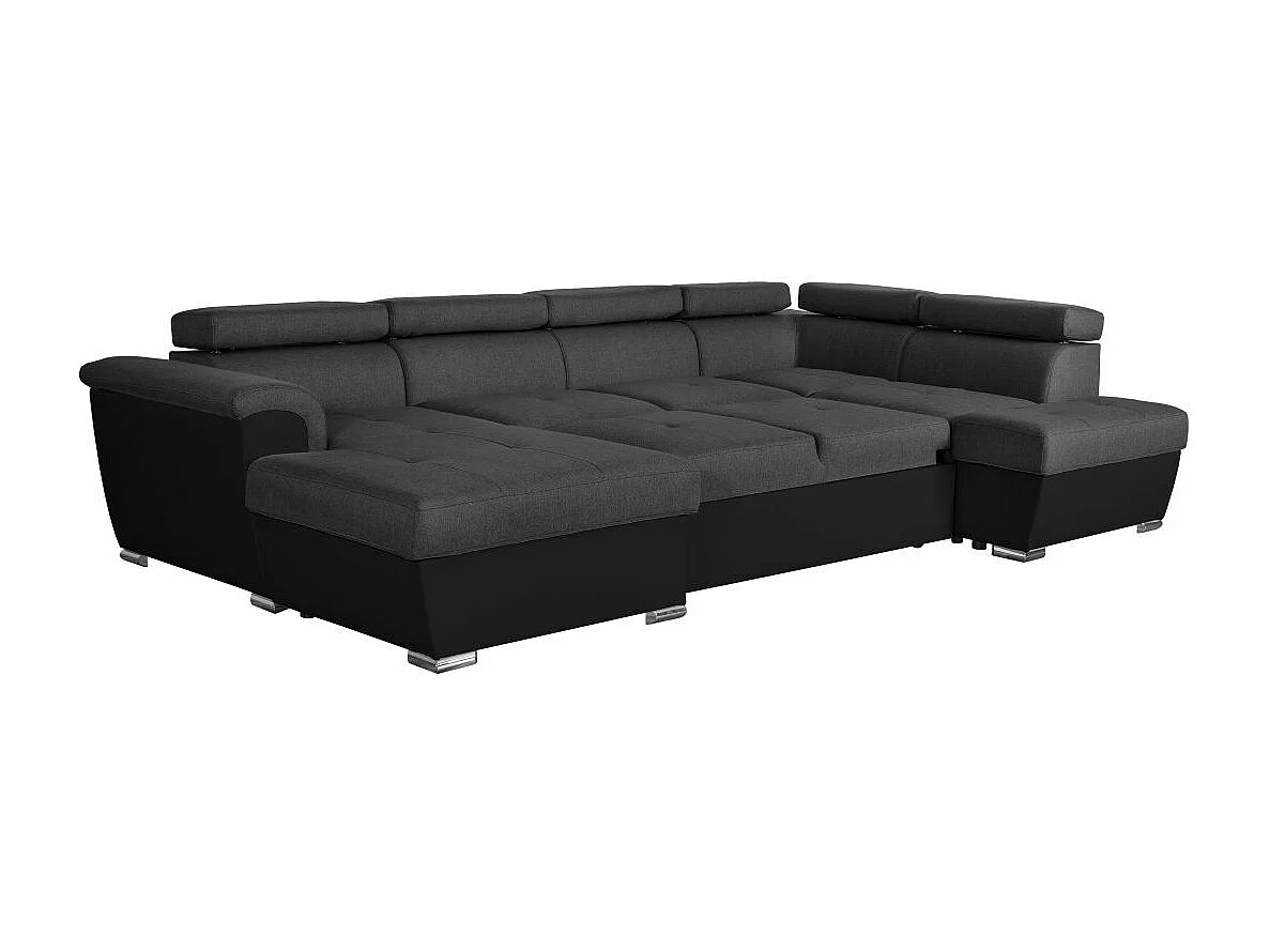 Canapé panoramique convertible avec 2 coffres Paola en tissu et simili - Gris/Noir - L320,5 x P188 x H76cm - Loungitude