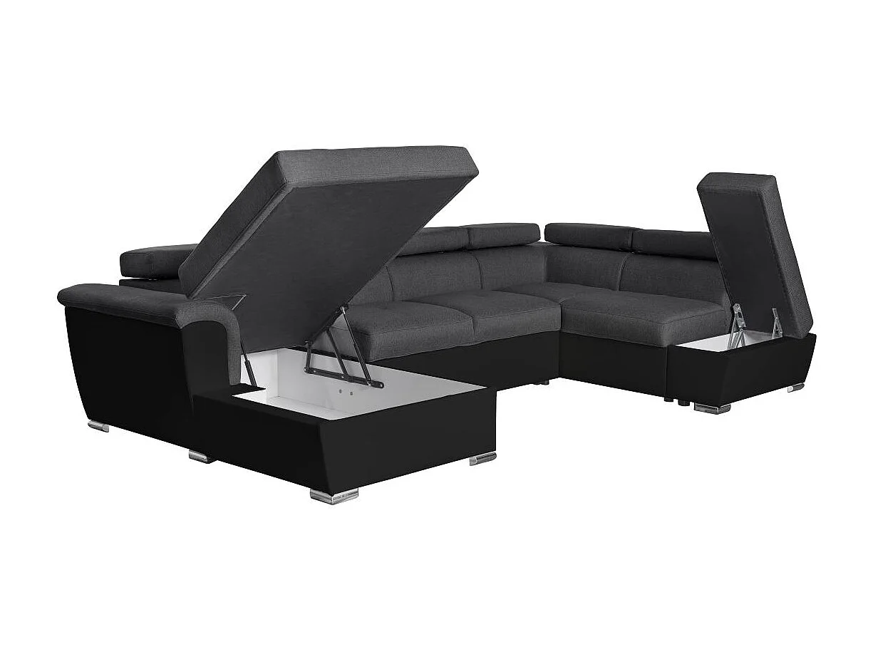 Canapé panoramique convertible avec 2 coffres Paola en tissu et simili - Gris/Noir - L320,5 x P188 x H76cm - Loungitude