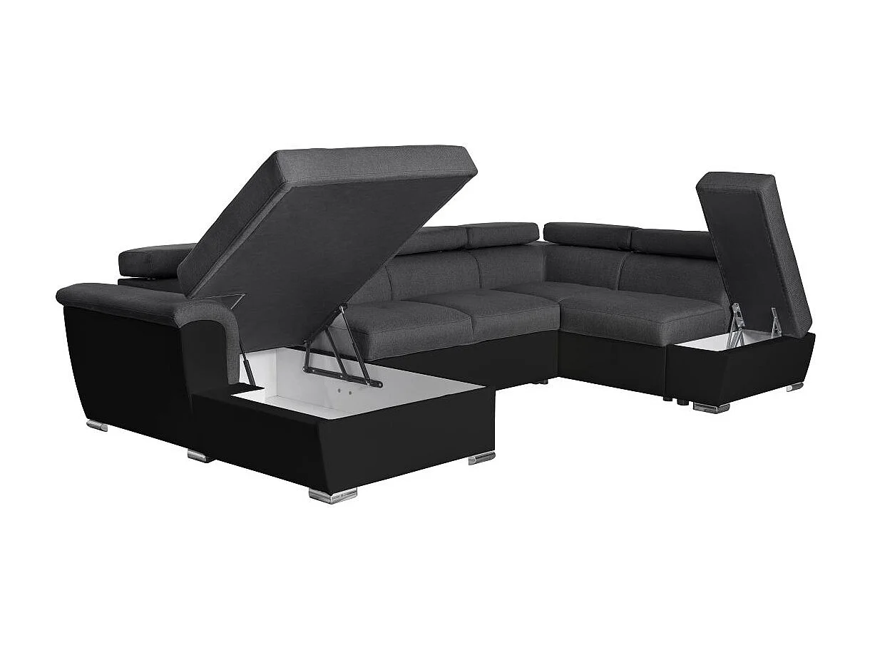 Canapé panoramique convertible avec 2 coffres Paola en tissu et simili - Gris/Noir - L320,5 x P188 x H76cm - Loungitude