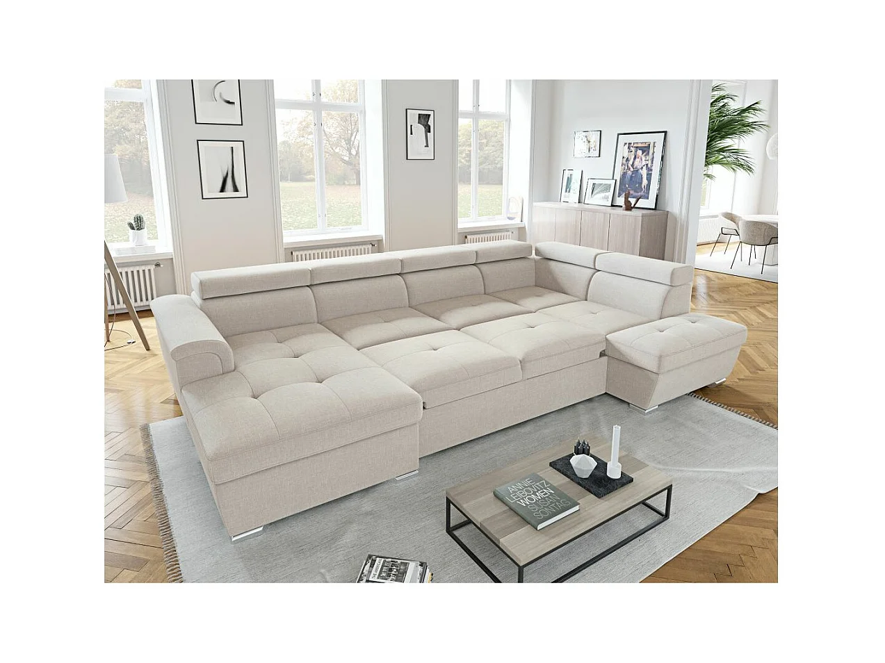 Canapé panoramique convertible avec 2 coffres Paola en tissu - Beige - L320,5 x P188 x H76cm - Loungitude