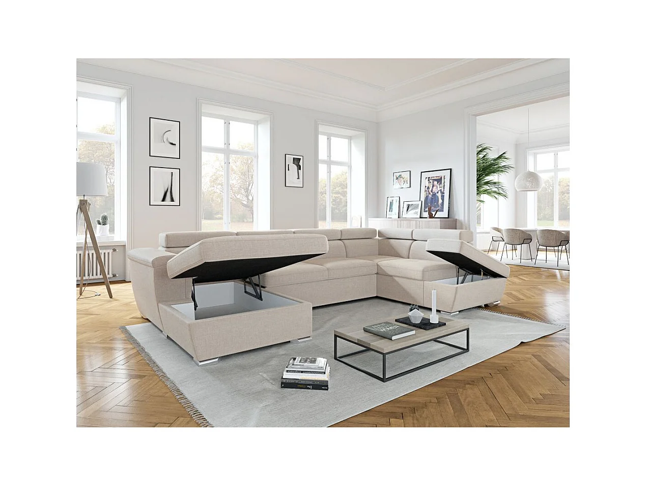 Canapé panoramique convertible avec 2 coffres Paola en tissu - Beige - L320,5 x P188 x H76cm - Loungitude