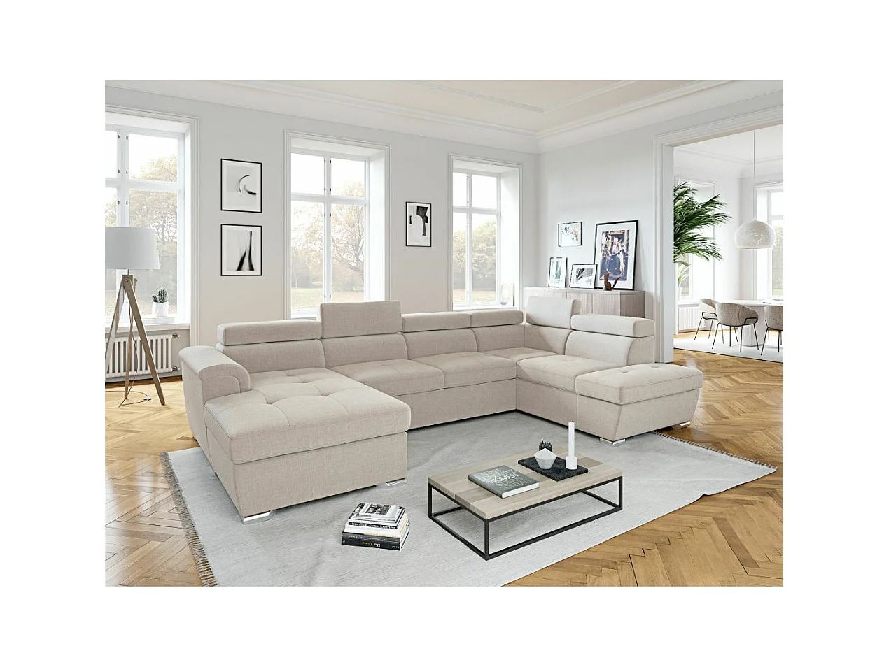 Canapé panoramique convertible avec 2 coffres Paola en tissu - Beige - L320,5 x P188 x H76cm - Loungitude