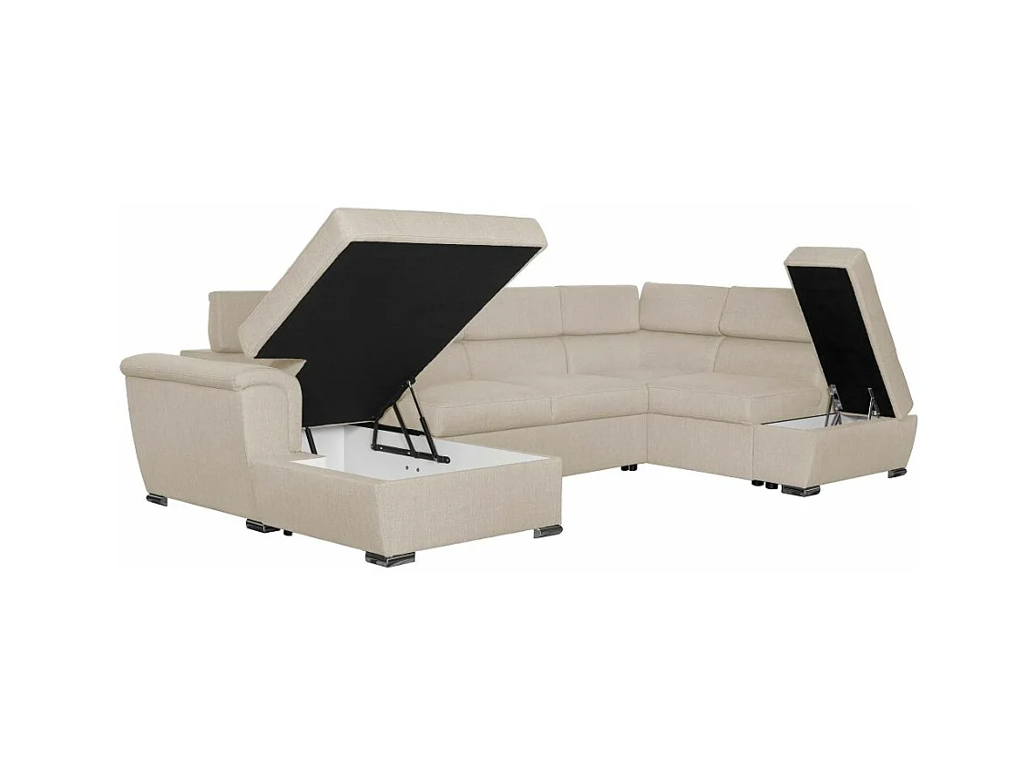 Canapé panoramique convertible avec 2 coffres Paola en tissu - Beige - L320,5 x P188 x H76cm - Loungitude