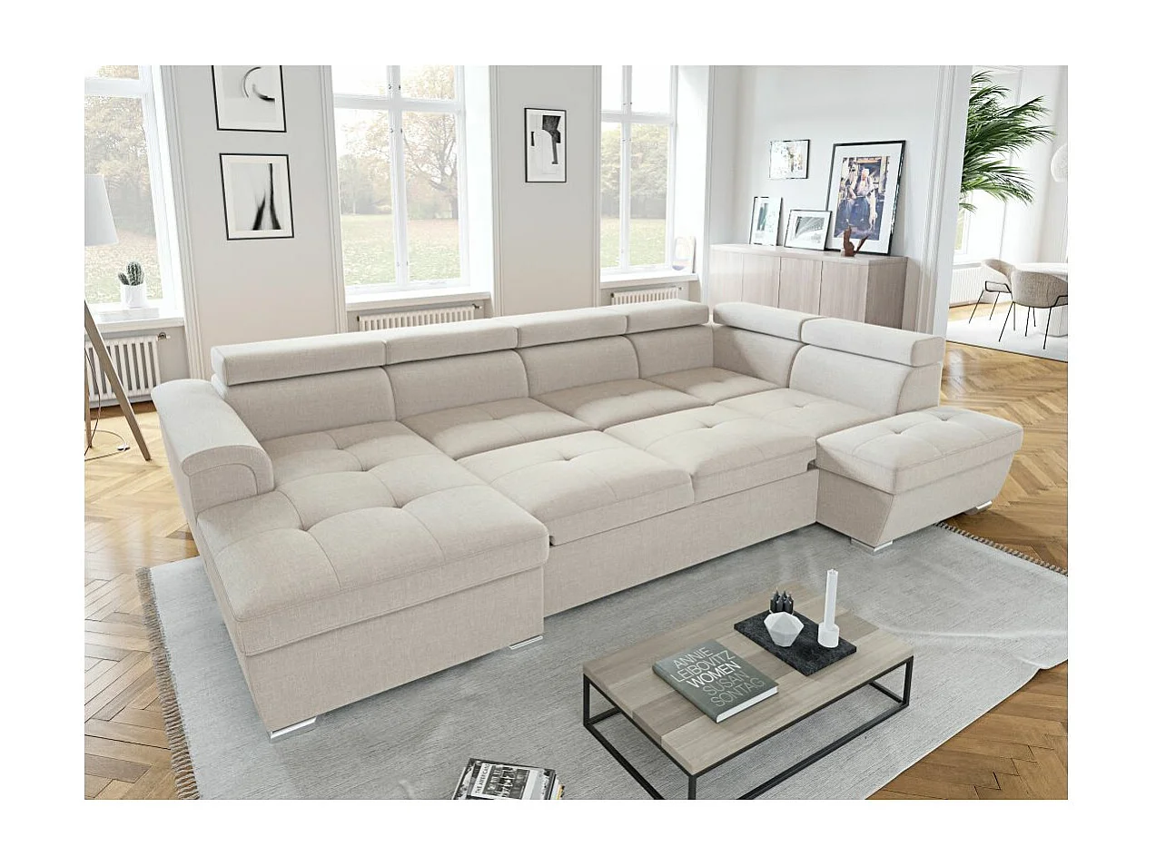 Canapé panoramique convertible avec 2 coffres Paola en tissu - Beige - L320,5 x P188 x H76cm - Loungitude