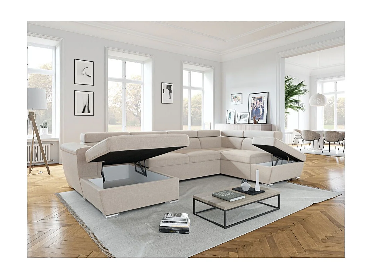 Canapé panoramique convertible avec 2 coffres Paola en tissu - Beige - L320,5 x P188 x H76cm - Loungitude