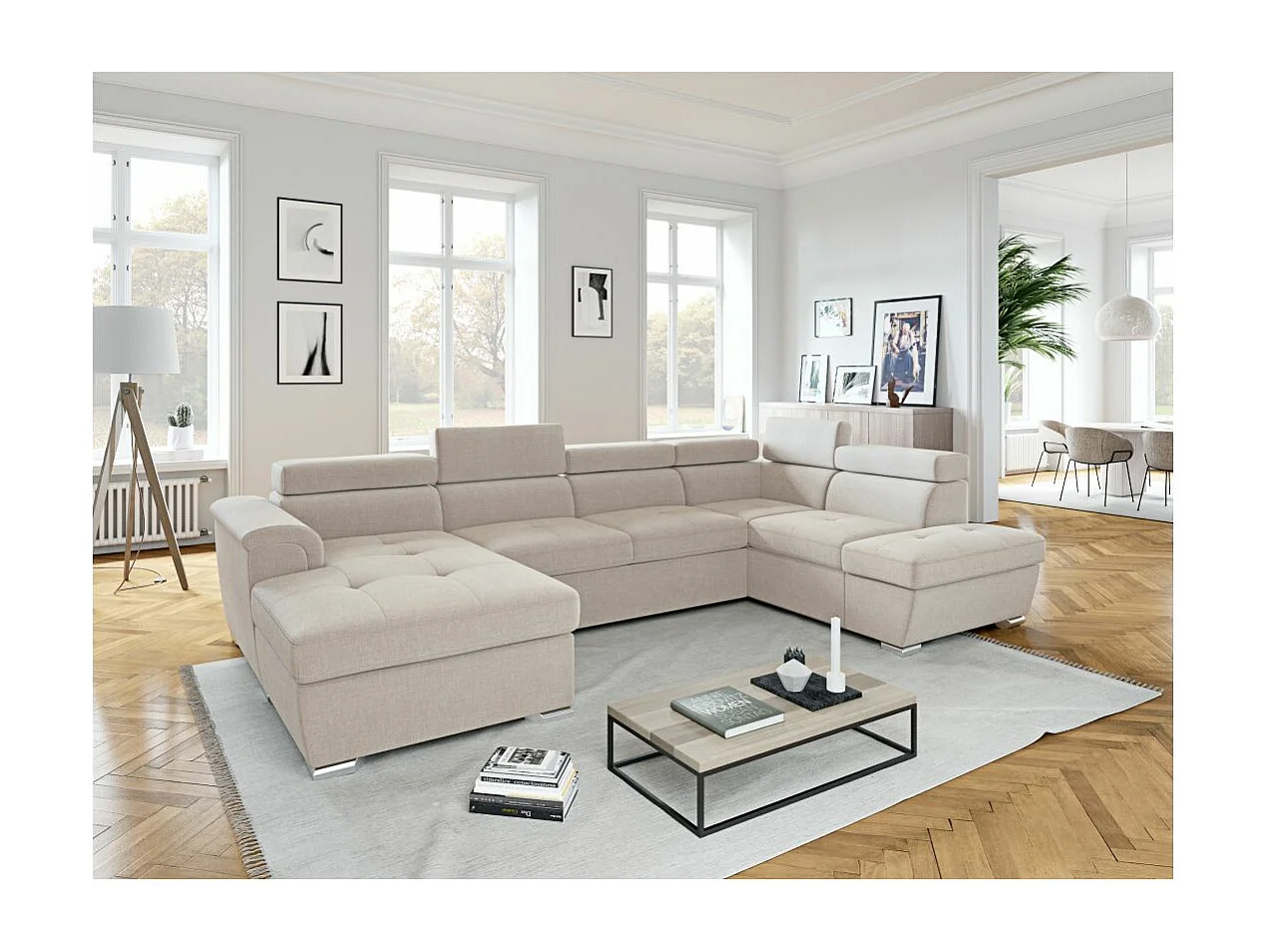 Canapé panoramique convertible avec 2 coffres Paola en tissu - Beige - L320,5 x P188 x H76cm - Loungitude