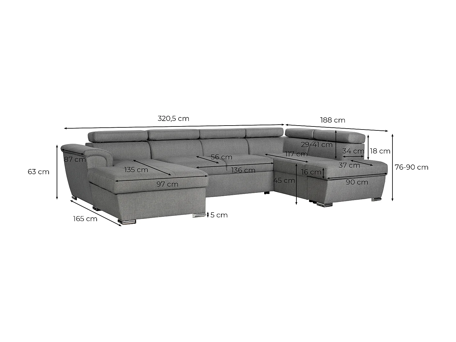 Canapé panoramique convertible avec 2 coffres Paola en tissu - Beige - L320,5 x P188 x H76cm - Loungitude