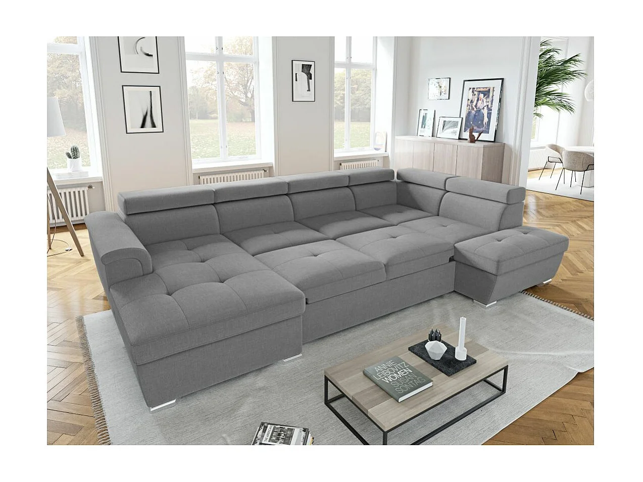 Canapé panoramique convertible avec 2 coffres Paola en tissu - Gris clair - L320,5 x P188 x H76cm - Loungitude