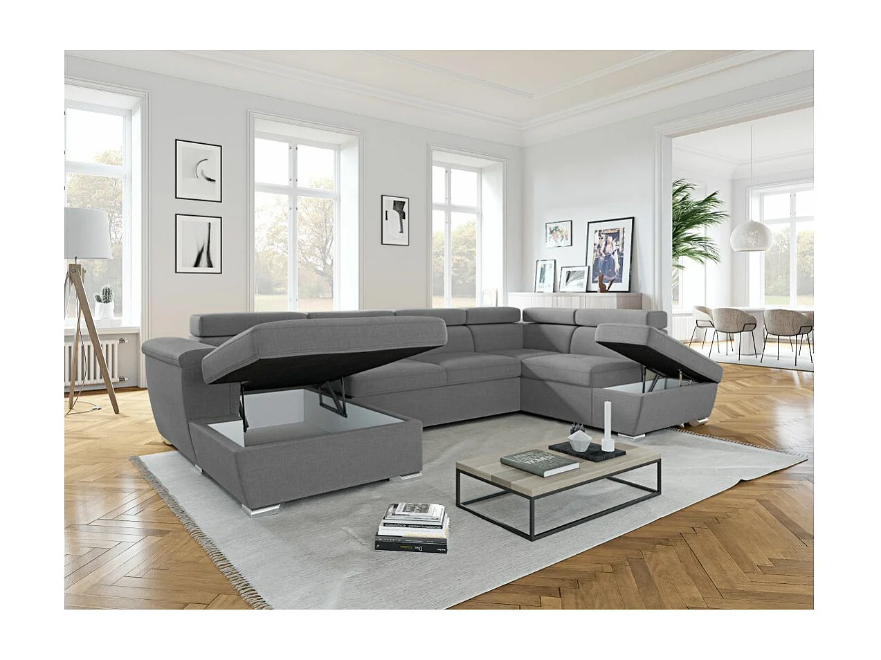 Canapé panoramique convertible avec 2 coffres Paola en tissu - Gris clair - L320,5 x P188 x H76cm - Loungitude