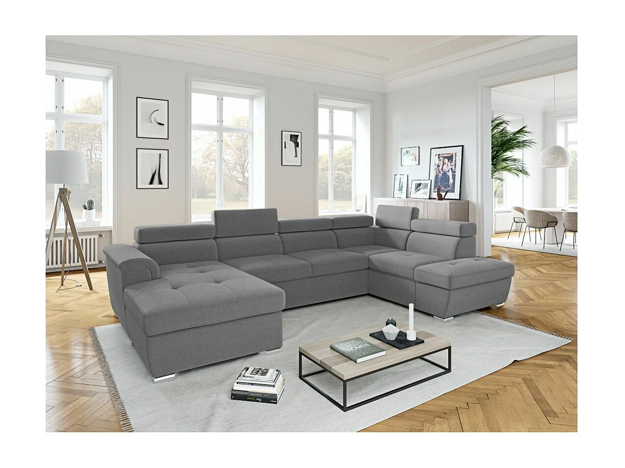 Canapé panoramique convertible avec 2 coffres Paola en tissu - Gris clair - L320,5 x P188 x H76cm - Loungitude